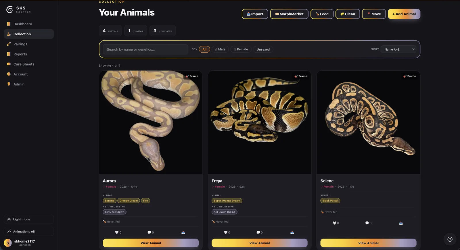 Ball python collection tracker showing animal cards with morph, weight and feeding status