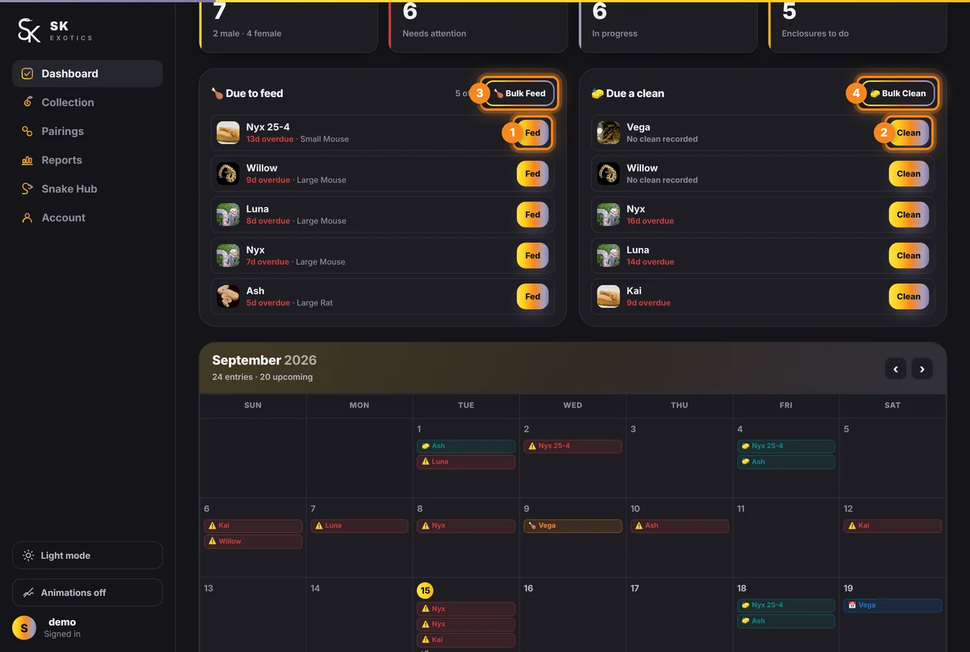 The Fed and Clean buttons on each row, and Bulk Feed and Bulk Clean at the top of each list