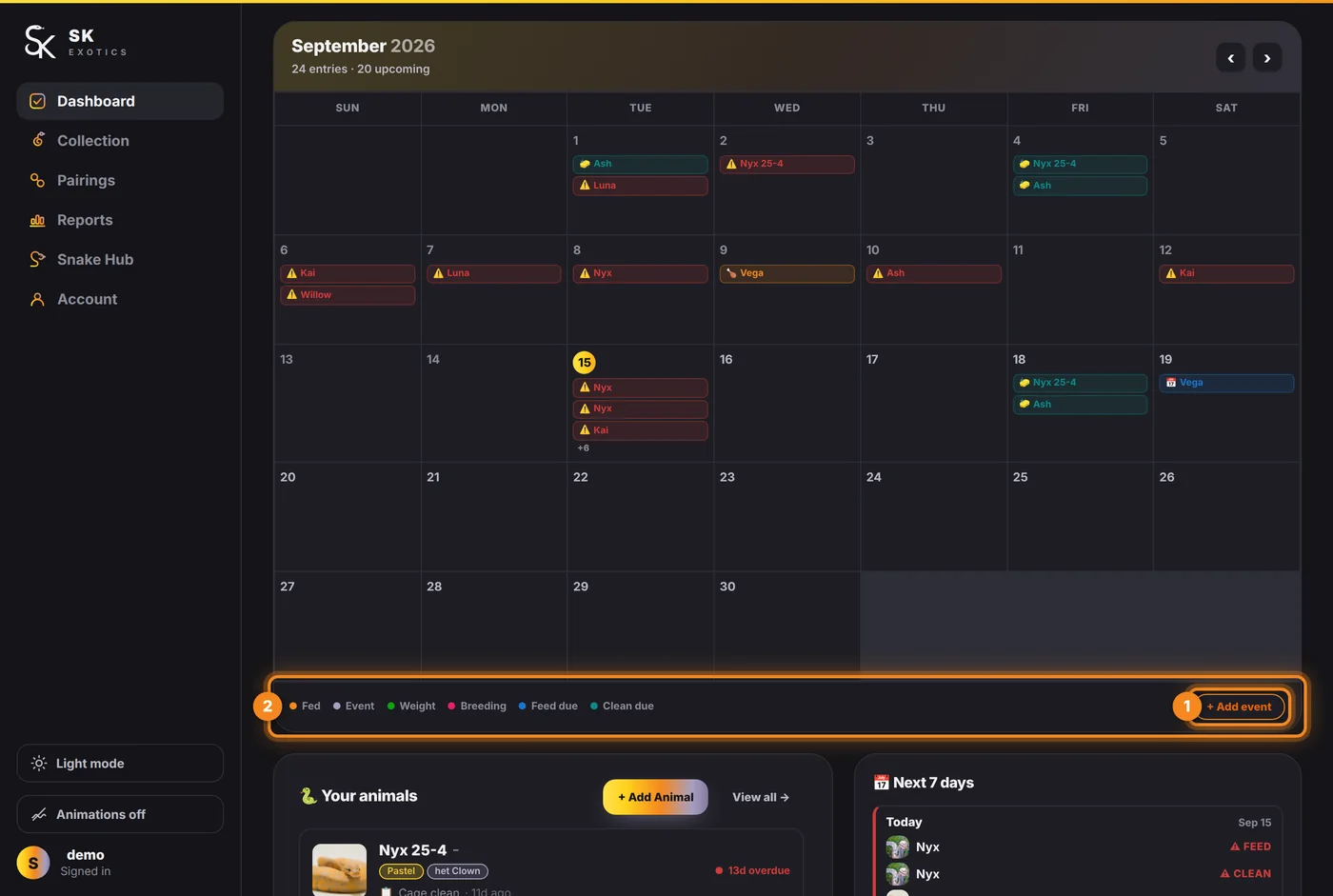 The calendar, with Add event at the bottom right and the colour key along the bottom
