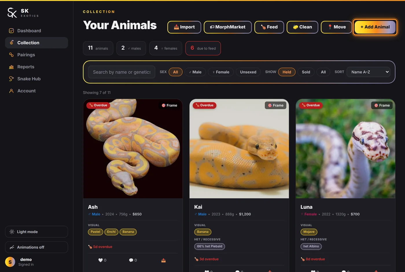 The Add Animal button at the top right of the Collection page