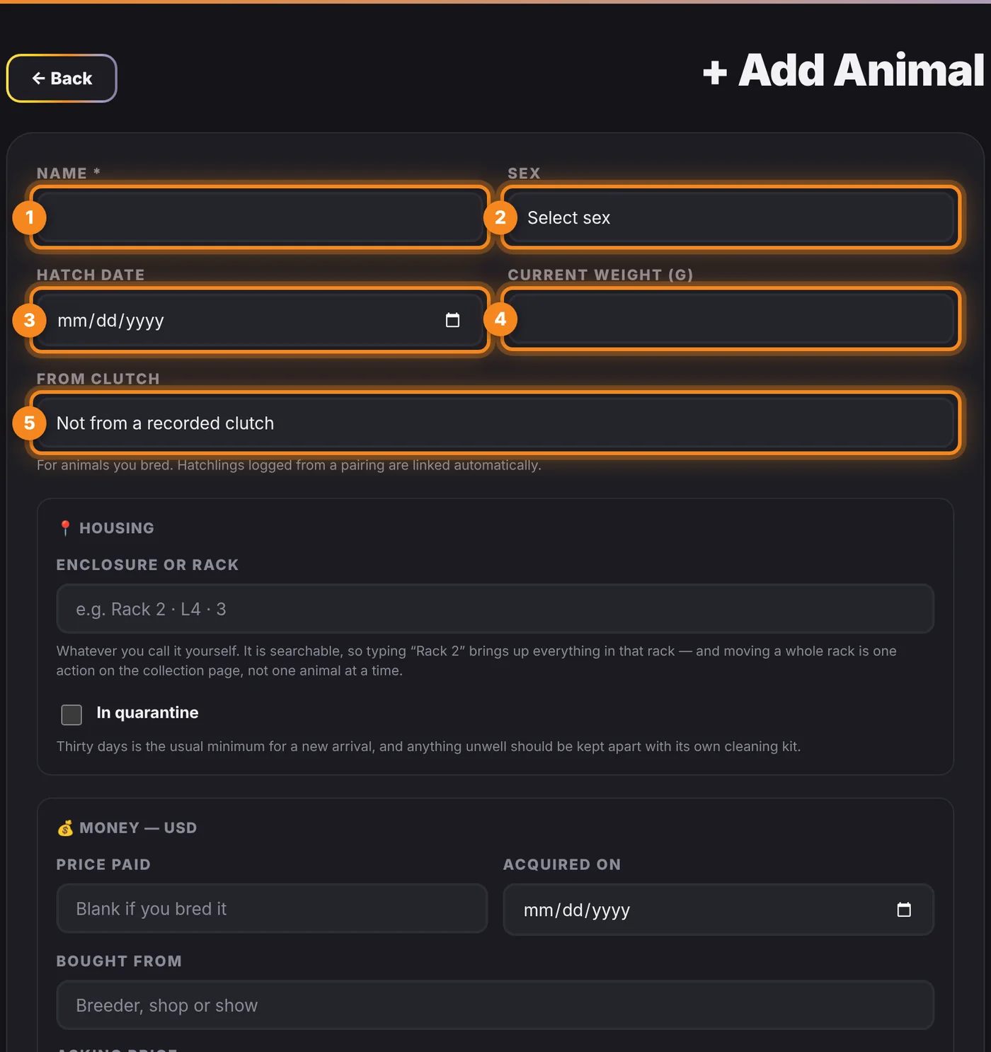 The first five fields of the Add Animal form