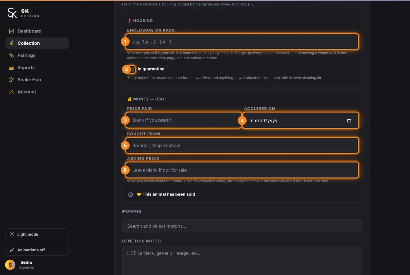 The Housing and Money sections of the form