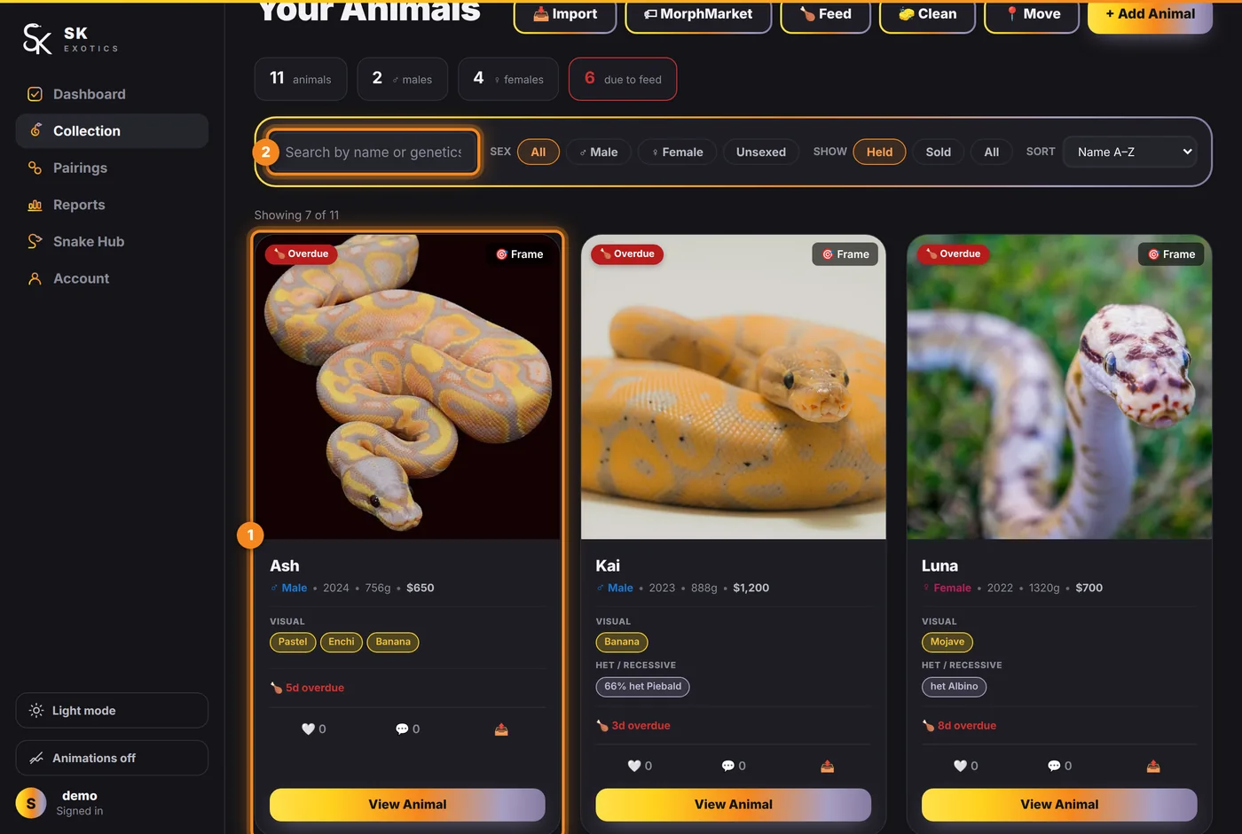 An animal card, and the search box above the cards