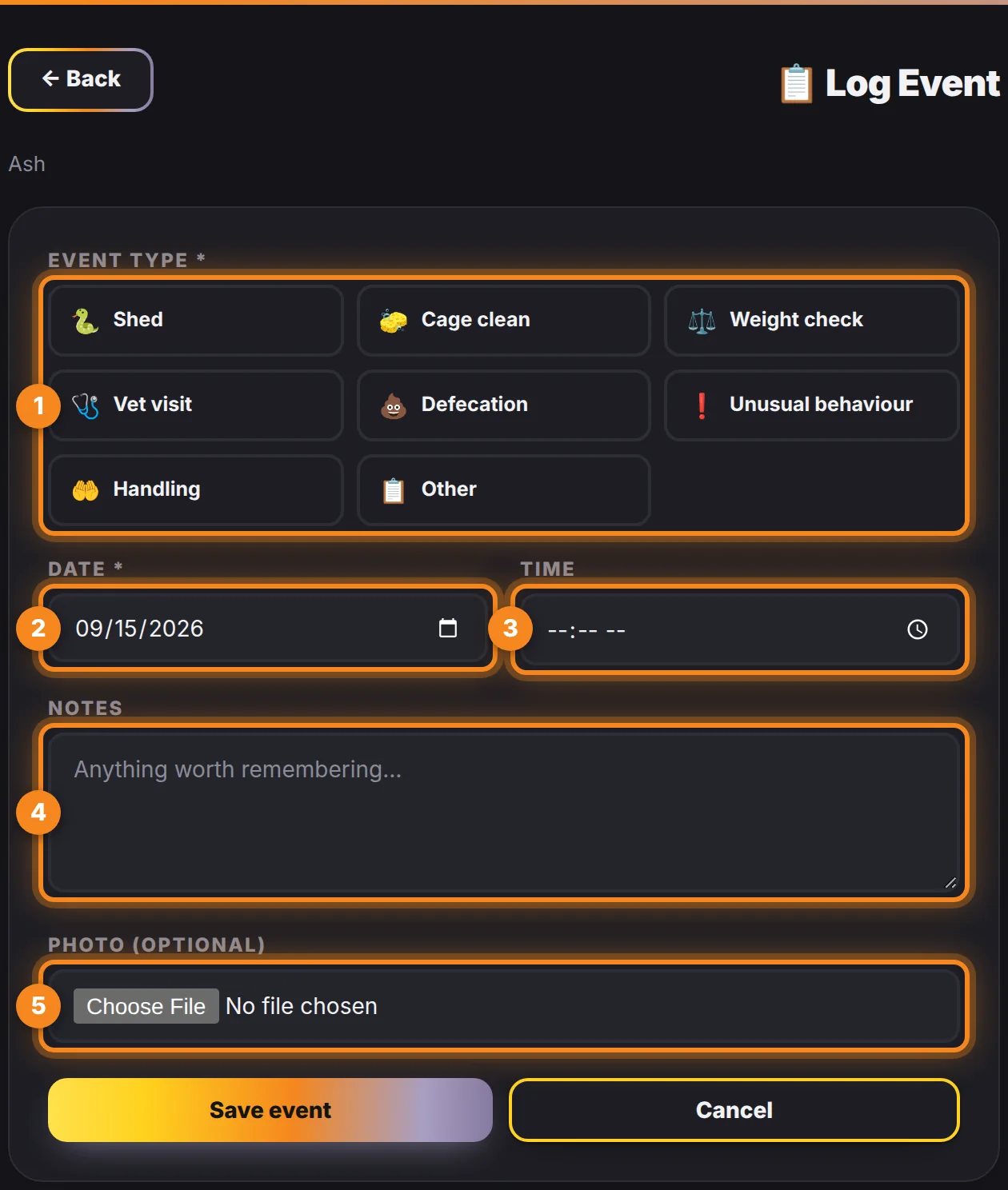 The Log Event form