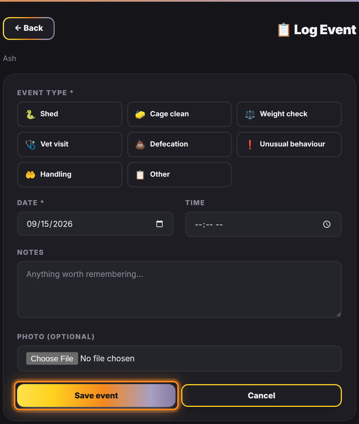 The Save event button