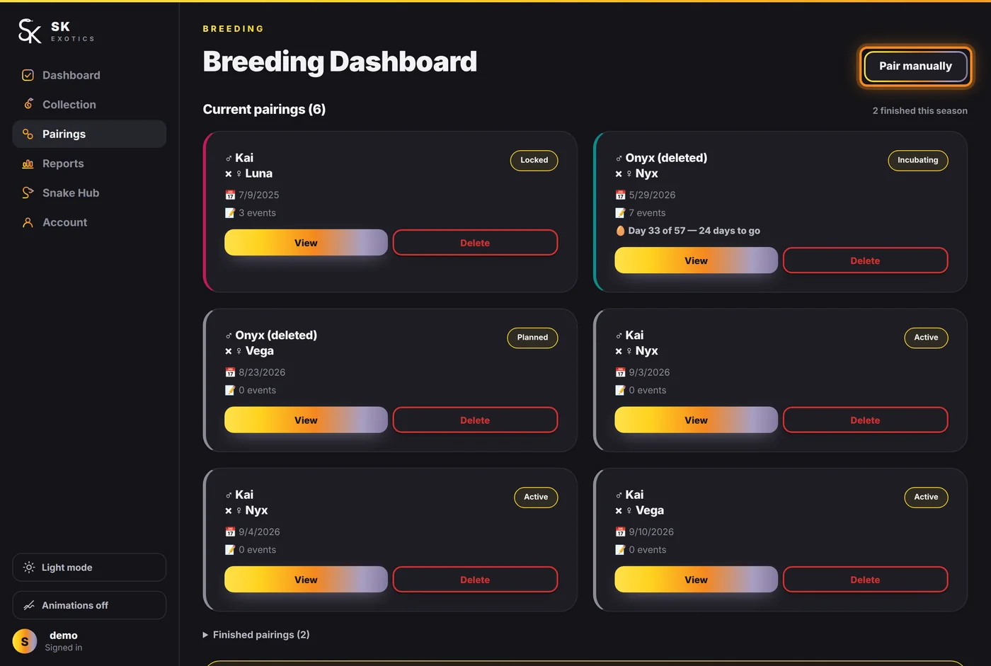 The Pair manually button on the breeding dashboard