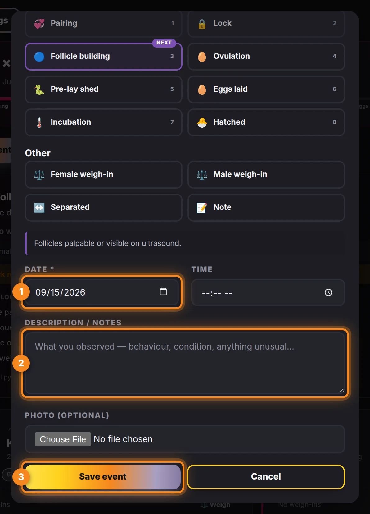 The date, notes and Save event button once a type is chosen