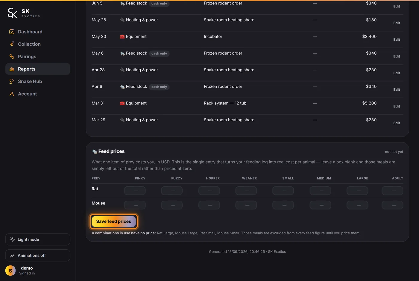 The feed prices table and its Save button at the bottom of the report