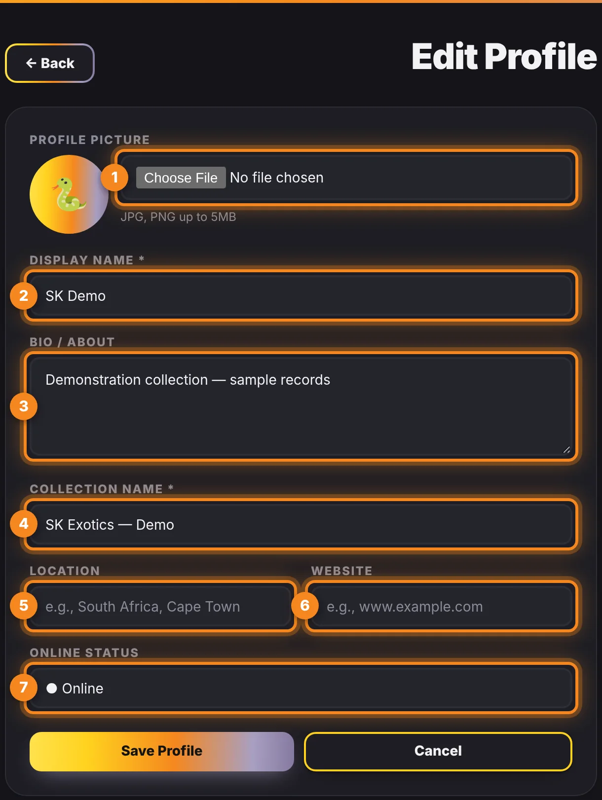 The Edit Profile form